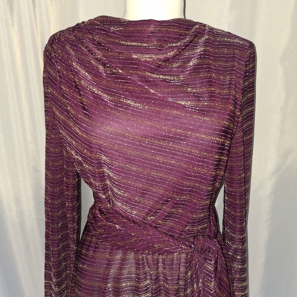 Vtg 70s Wine sash belt Polyester Draped neck metallic strips disco dress sz 9/10 - Picture 3 of 8